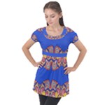 Yellow red shapes on a blue background                                                         Puff Sleeve Tunic Top