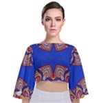 Yellow red shapes on a blue background                                                        Tie Back Butterfly Sleeve Chiffon Top