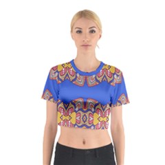 Yellow red shapes on a blue background                                                          Cotton Crop Top from ArtsNow.com