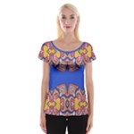 Yellow red shapes on a blue background                                                          Women s Cap Sleeve Top