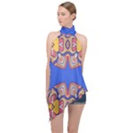 Yellow red shapes on a blue background                                                           Halter Asymmetric Satin Top