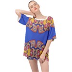 Yellow red shapes on a blue background                                                        Oversized Chiffon Top