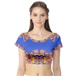 Yellow red shapes on a blue background                                                          Short Sleeve Crop Top