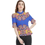 Yellow red shapes on a blue background                                                         Frill Neck Blouse