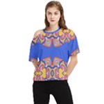 Yellow red shapes on a blue background                                                          One Shoulder Cut Out Tee