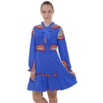 Yellow red shapes on a blue background                                                            All Frills Chiffon Dress