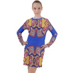 Yellow red shapes on a blue background                                                            Long Sleeve Hoodie Dress