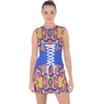 Yellow red shapes on a blue background                                                             Lace Up Front Bodycon Dress