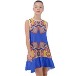 Yellow red shapes on a blue background                                                             Frill Swing Dress