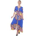 Yellow red shapes on a blue background                                                            Waist Tie Boho Maxi Dress