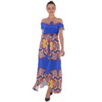 Yellow red shapes on a blue background                                                          Off Shoulder Open Front Chiffon Dress