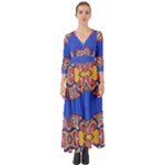 Yellow red shapes on a blue background                                                             Button Up Boho Maxi Dress