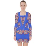 Yellow red shapes on a blue background                                                             V-neck Bodycon Long Sleeve Dress