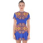 Yellow red shapes on a blue background                                                             Drop Hem Mini Chiffon Dress