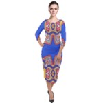 Yellow red shapes on a blue background                                                            Quarter Sleeve Midi Velour Bodycon Dress