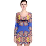 Yellow red shapes on a blue background                                                          Long Sleeve Velvet Bodycon Dress