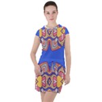 Yellow red shapes on a blue background                                                                         Drawstring Hooded Dress