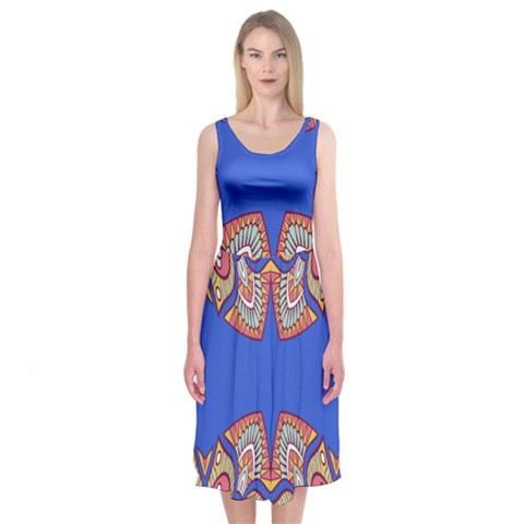 Yellow red shapes on a blue background                                                         Midi Sleeveless Dress from ArtsNow.com