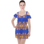 Yellow red shapes on a blue background                                                         Ruffle Cut Out Chiffon Playsuit