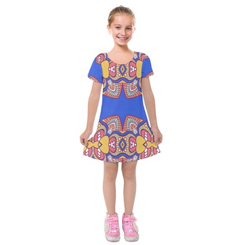 Yellow red shapes on a blue background                                                              Kids  Short Sleeve Velvet Dress from ArtsNow.com