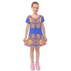 Yellow red shapes on a blue background                                                              Kids  Short Sleeve Velvet Dress from ArtsNow.com