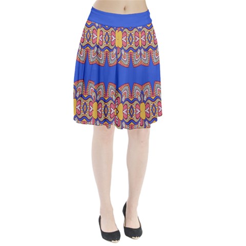 Yellow red shapes on a blue background                                                      Pleated Skirt from ArtsNow.com