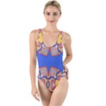 Yellow red shapes on a blue background                                                        High Leg Strappy Swimsuit