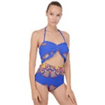 Yellow red shapes on a blue background                                                         Scallop Top Cut Out Swimsuit