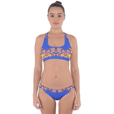 Yellow red shapes on a blue background                                                         Cross Back Hipster Bikini Set from ArtsNow.com