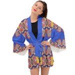 Yellow red shapes on a blue background                                                       Long Sleeve Kimono