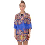 Yellow red shapes on a blue background                                                       Half Sleeve Chiffon Kimono