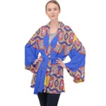 Yellow red shapes on a blue background                                                          Velvet Kimono Robe