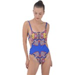 Yellow red shapes on a blue background                                                          Tie Strap One Piece Swimsuit