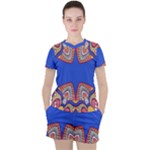 Yellow red shapes on a blue background                                                          Women s Mesh Tee and Shorts Set