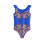 Yellow red shapes on a blue background                                                         Kids  Frill Swimsuit