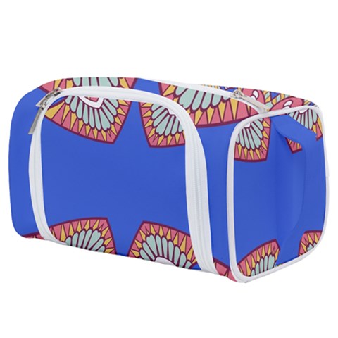 Yellow red shapes on a blue background                                                       Toiletries Pouch from ArtsNow.com