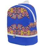 Yellow red shapes on a blue background                                                      Zip Bottom Backpack