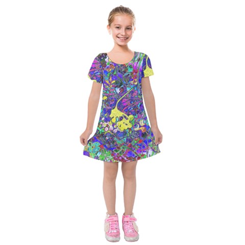 vibrant abstract floral/rainbow color Kids  Short Sleeve Velvet Dress from ArtsNow.com