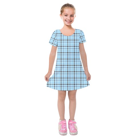 Sky blue tartan plaid pattern, with black lines Kids  Short Sleeve Velvet Dress from ArtsNow.com