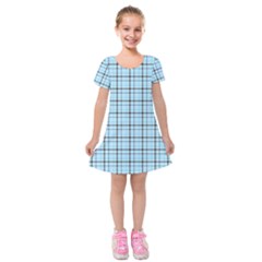 Sky blue tartan plaid pattern, with black lines Kids  Short Sleeve Velvet Dress from ArtsNow.com