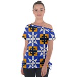 Shapes on a blue background                                                          Off Shoulder Tie-Up Tee