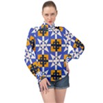 Shapes on a blue background                                                         High Neck Long Sleeve Chiffon Top