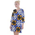 Shapes on a blue background                                                            Open Neck Shift Dress