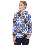 Shapes on a blue background                                                           Women Hooded Front Pocket Windbreaker