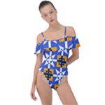 Shapes on a blue background                                                          Frill Detail One Piece Swimsuit