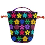 Colorful flowers on a black background pattern                                                            Drawstring Bucket Bag