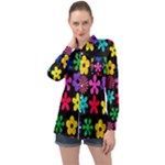 Colorful flowers on a black background pattern                                                           Long Sleeve Satin Shirt