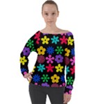 Colorful flowers on a black background pattern                                                          Off Shoulder Long Sleeve Velour Top