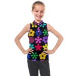 Colorful flowers on a black background pattern                                                          Kids  Sleeveless Polo Tee