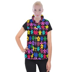 Colorful flowers on a black background pattern                                                         Women s Button Up Puffer Vest from ArtsNow.com